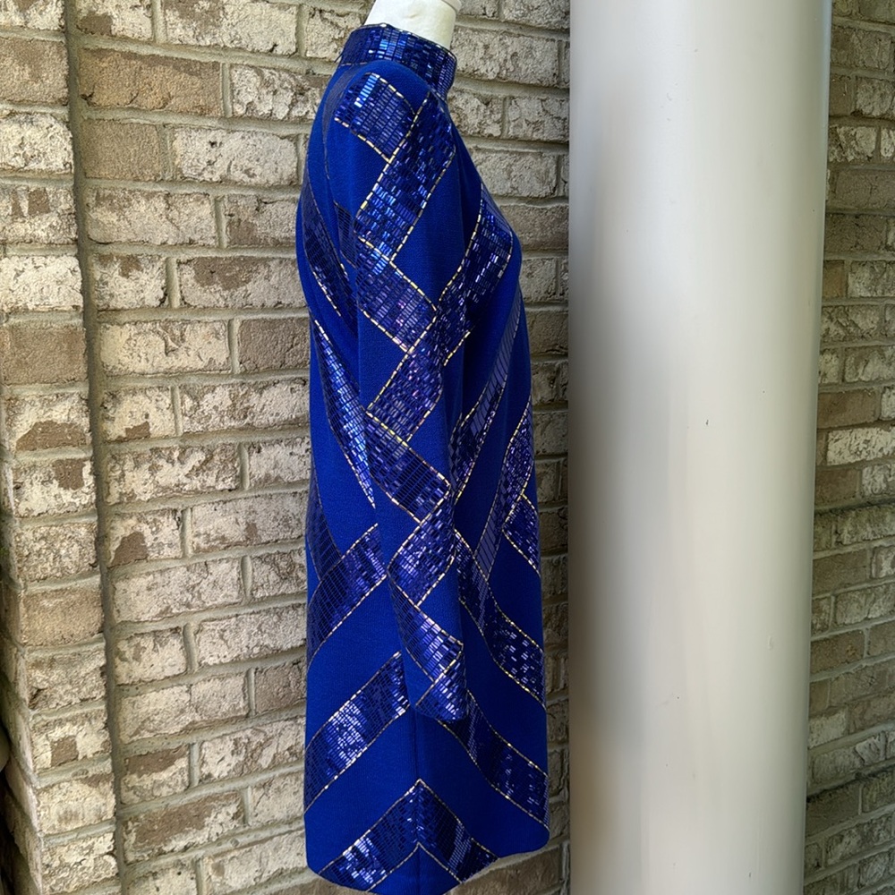 St. John Royal Blue Sequin Striped Cocktail Dress - Picture 4 of 16